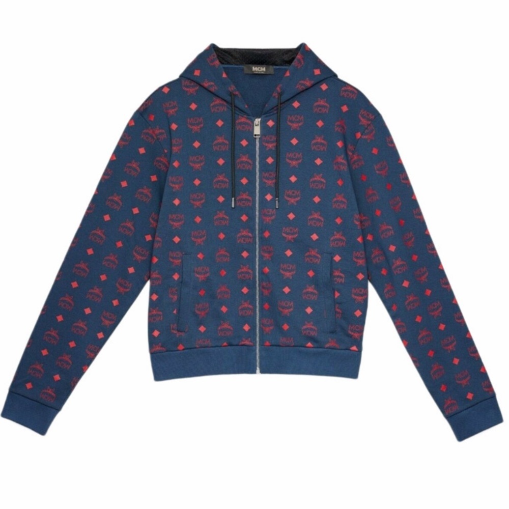 Men’s MCM Deep Blue Sea Cotton Zip Up Jacket with Red Logo Print MHJAMM63VSOOL